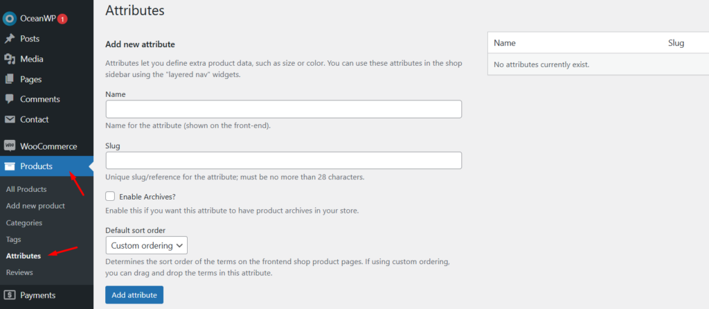 attributes in woocommerce